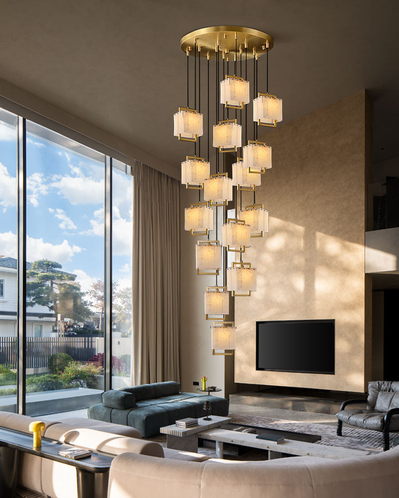 Elegant Cluster Alabaster Dome Suspension Light Lacquered Burnished Brass for hallway