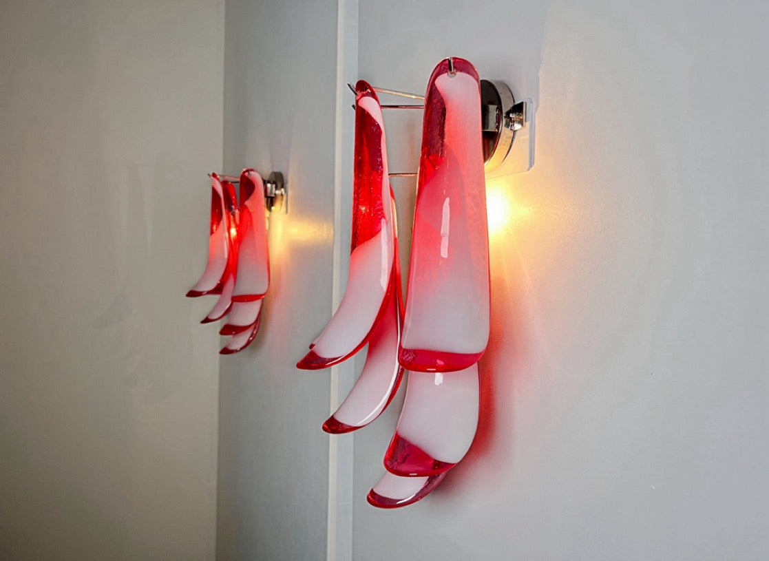 Murano Wall Lamp | 6 Red Lattimo Petal Glass | Set of 2