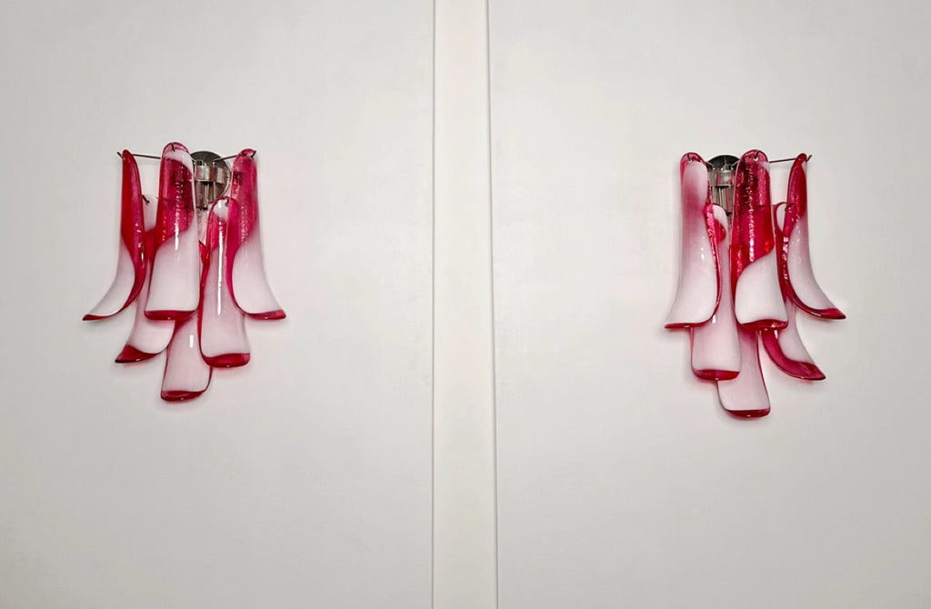 Murano Wall Lamp | 6 Red Lattimo Petal Glass | Set of 2