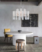 Large Alabaster Rectangular Chandelier Wide 40“ 45” with Chrome Frame for dining room