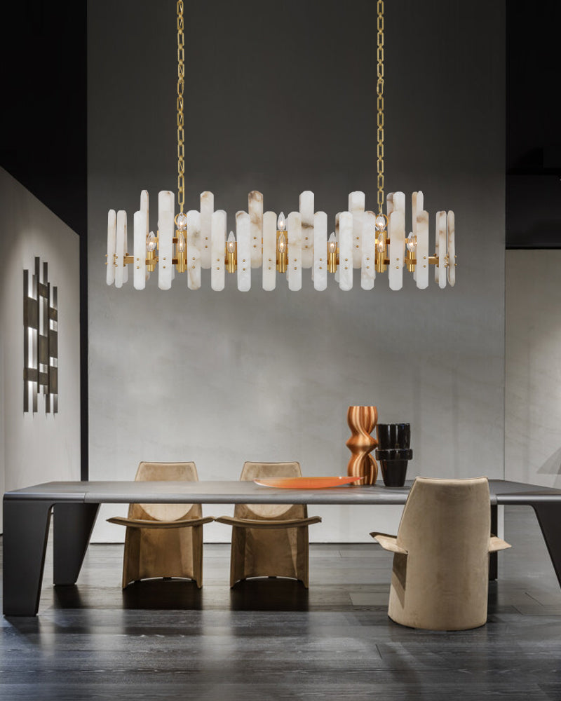 Large Alabaster Rectangular Chandelier Wide 40“ 45” with Chrome Frame for dining room