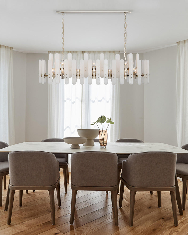 Large Alabaster Rectangular Chandelier Wide 40“ 45” with Chrome Frame for dining room
