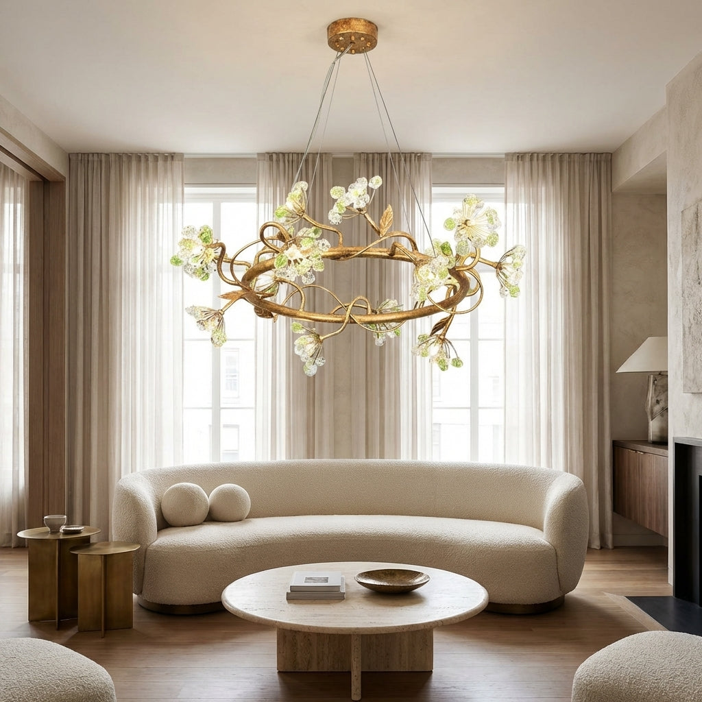 Modes Brass Ring Stone Flower Chandelier