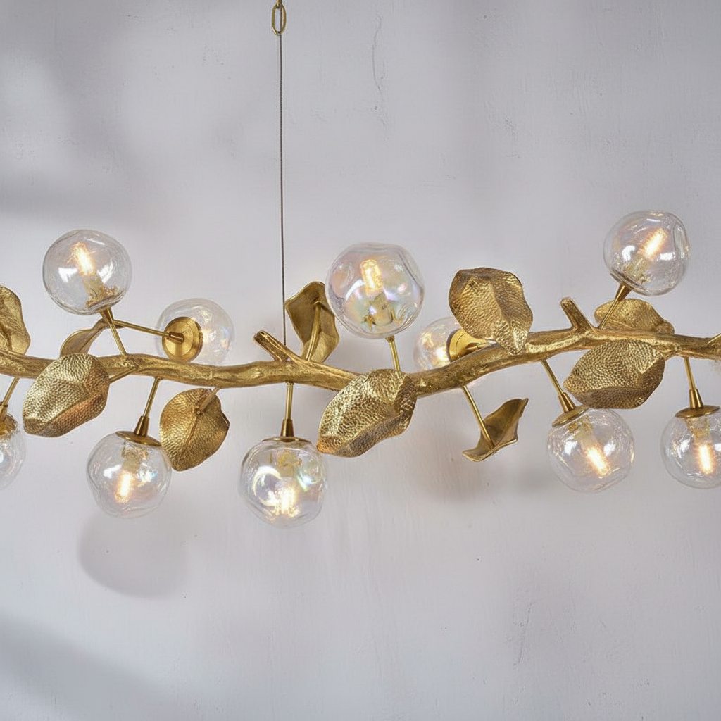 Organic Glass Bubble Brass Branch Chandelier with Leaves
