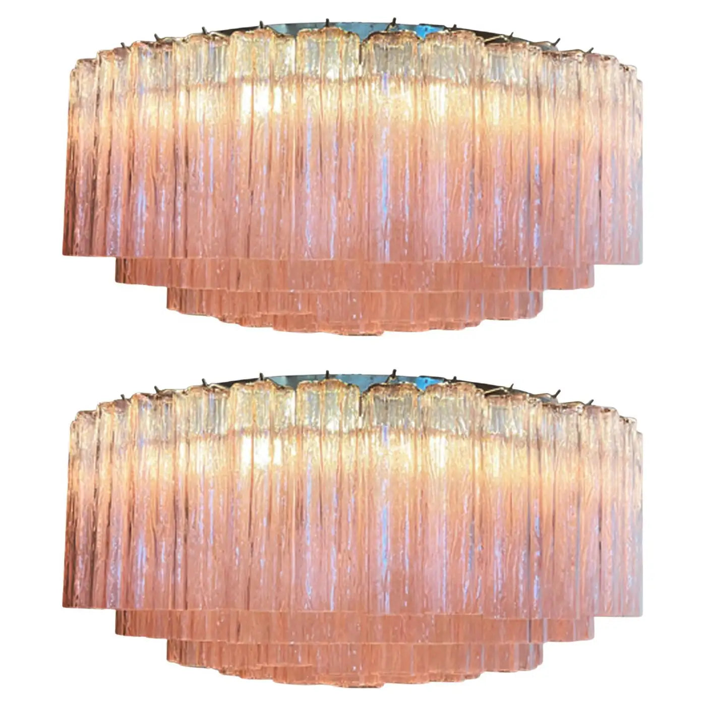 Pair Magnificent Murano Glass Chandeliers, 101 Pink Tube Glasses