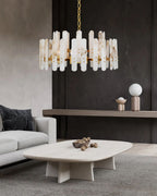Large Alabaster Rectangular Chandelier Wide 40“ 45” with Chrome Frame for dining room