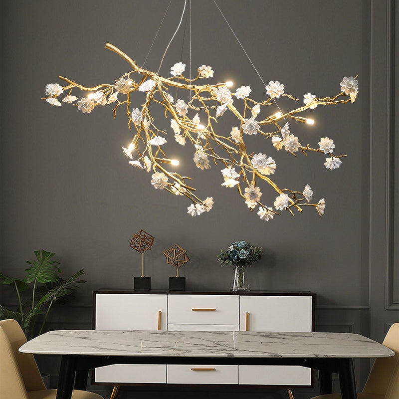 Post-Modern Art Brass and Ceramics Flower Pendant Branch Chandelier for Living/Dining Room by Bling Lighting Studio