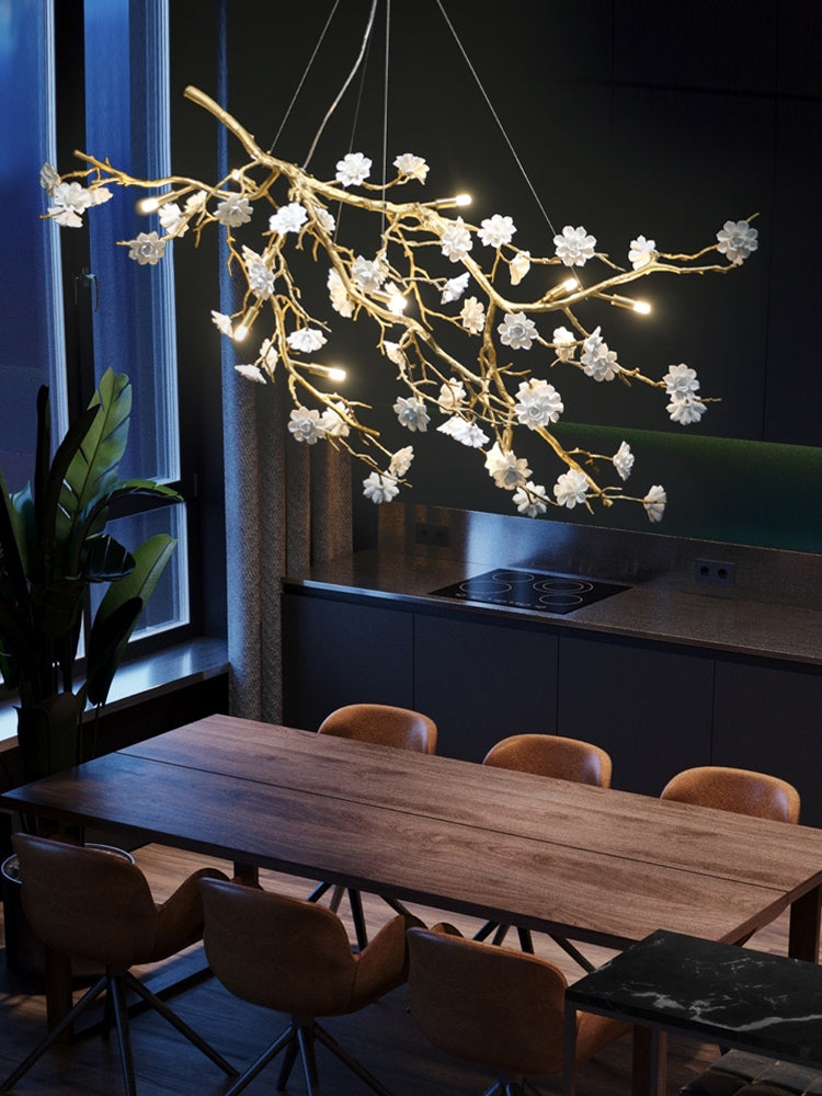 Post-Modern Art Brass and Ceramics Flower Pendant Branch Chandelier for Living/Dining Room by Bling Lighting Studio