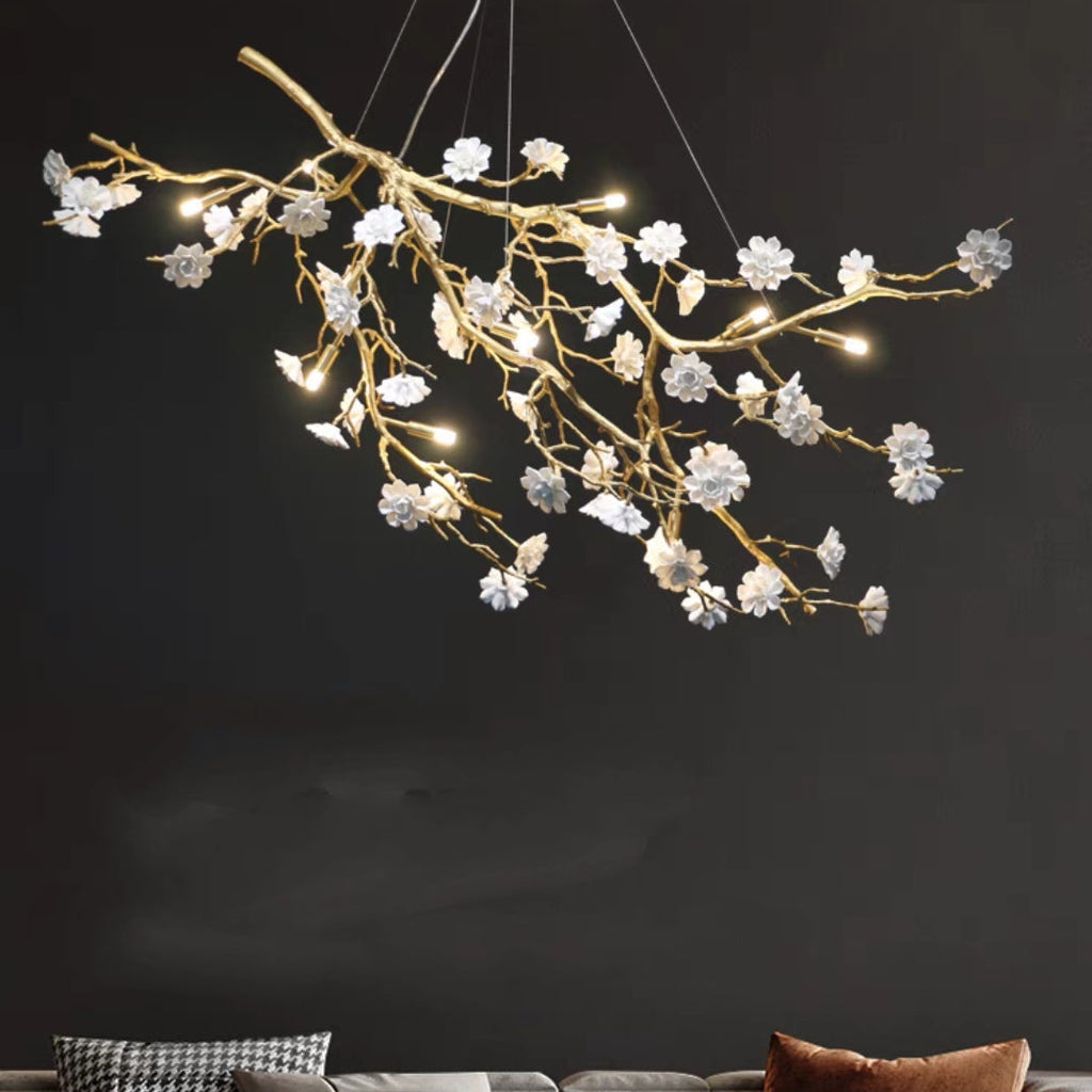 Post-Modern Art Brass and Ceramics Flower Pendant Branch Chandelier for Living/Dining Room by Bling Lighting Studio