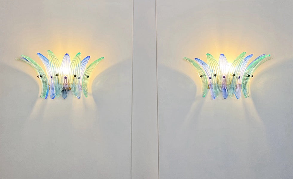 Murano Wall Lamp | 9 Blue Turquoise Palmette Glass | Set of 2