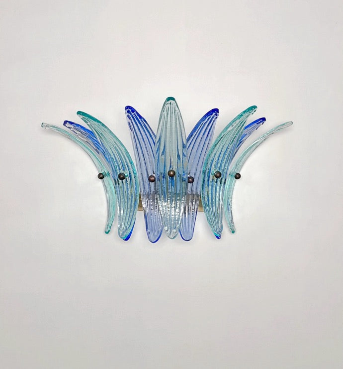 Murano Wall Lamp | 9 Blue Turquoise Palmette Glass | Set of 2