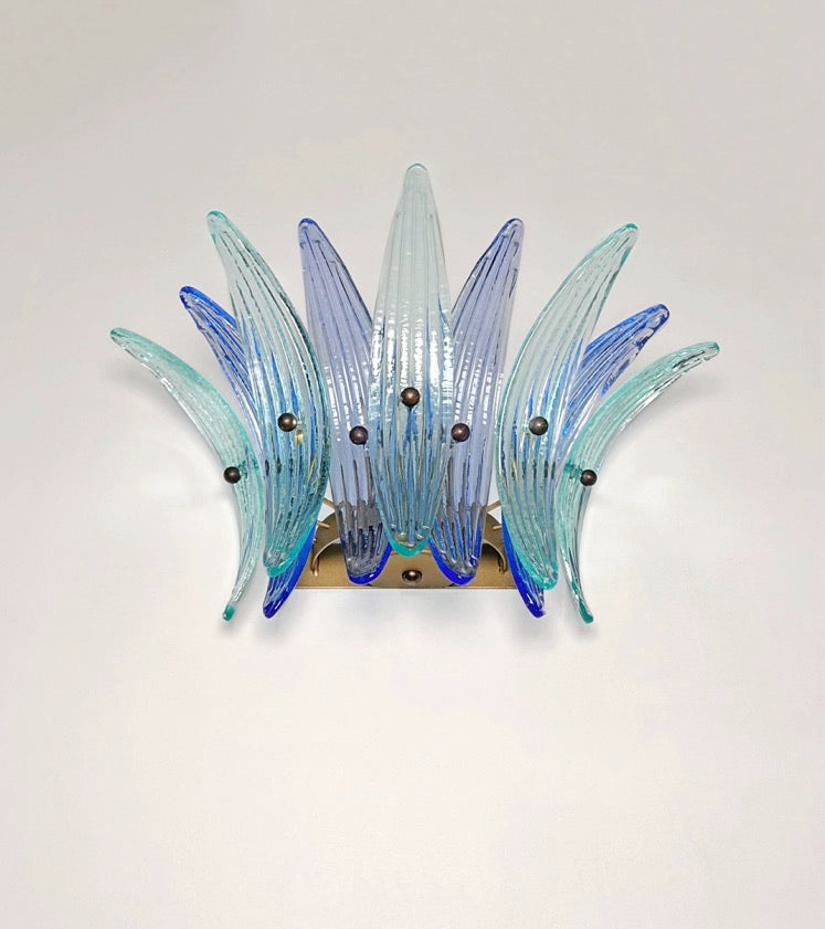 Murano Wall Lamp | 9 Blue Turquoise Palmette Glass | Set of 2