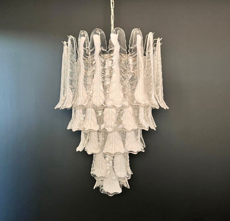 Murano Chandelier | 52 Clear White Lattimo Necktie detail by Bling Lighting Studio