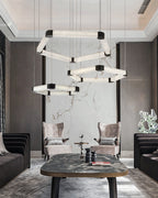 Ring lamps on string suspension in the form of pentagons made of Spanish marble and metal corners