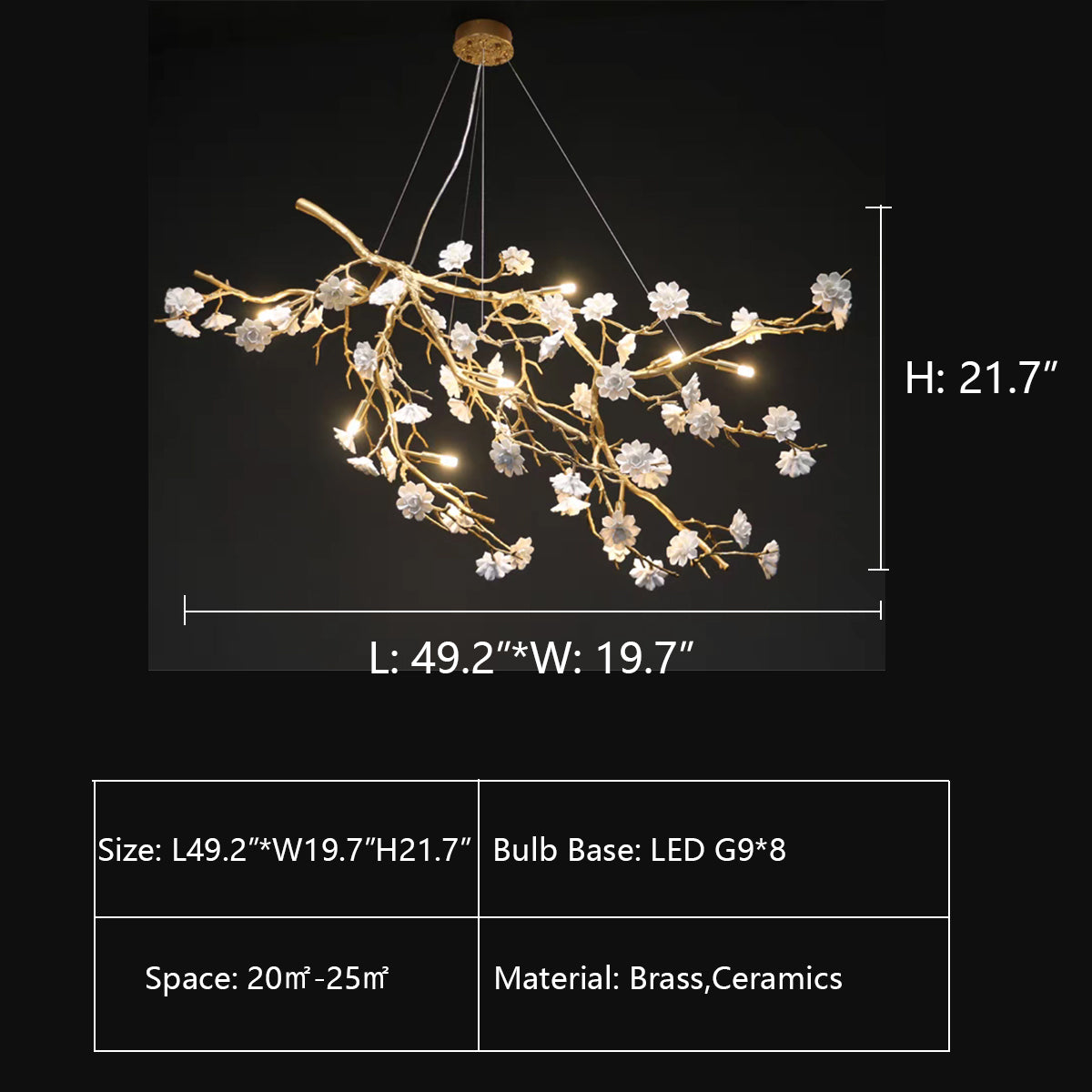 Post-Modern Art Brass and Ceramics Flower Pendant Branch Chandelier for Living/Dining Room by Bling Lighting Studio