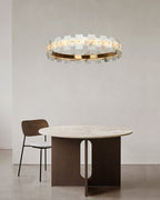 Antique Brass Ring Frame Round Halo Alabaster Modern Lighting Chandelier Wide 31"