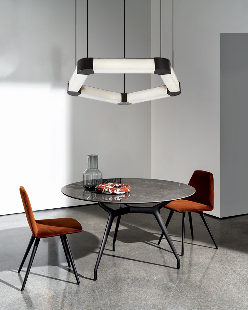Ring lamps on string suspension in the form of pentagons made of Spanish marble and metal corners