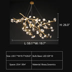 Post-Modern Art Brass and Ceramics Flower Pendant Branch Chandelier for Living/Dining Room by Bling Lighting Studio