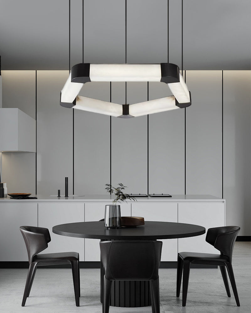 Ring lamps on string suspension in the form of pentagons made of Spanish marble and metal corners