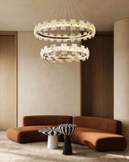 Antique Brass Ring Frame Round Halo Alabaster Modern Lighting Chandelier Wide 31"