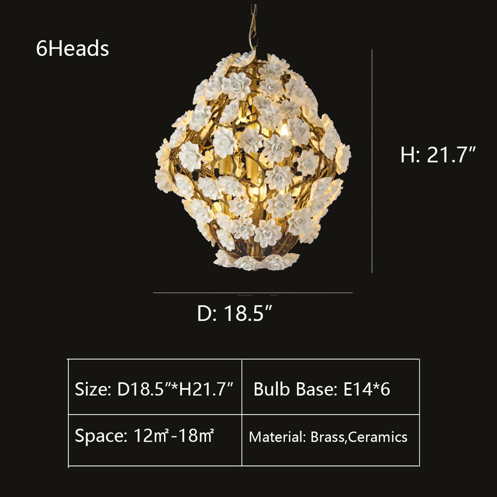 Brass and Ceramic Flower Art Chandelier Post Modern Light Luxury Style for Living and Dining Areas