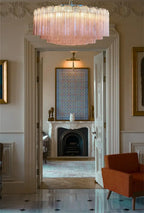Pair Magnificent Murano Glass Chandeliers, 101 Pink Tube Glasses