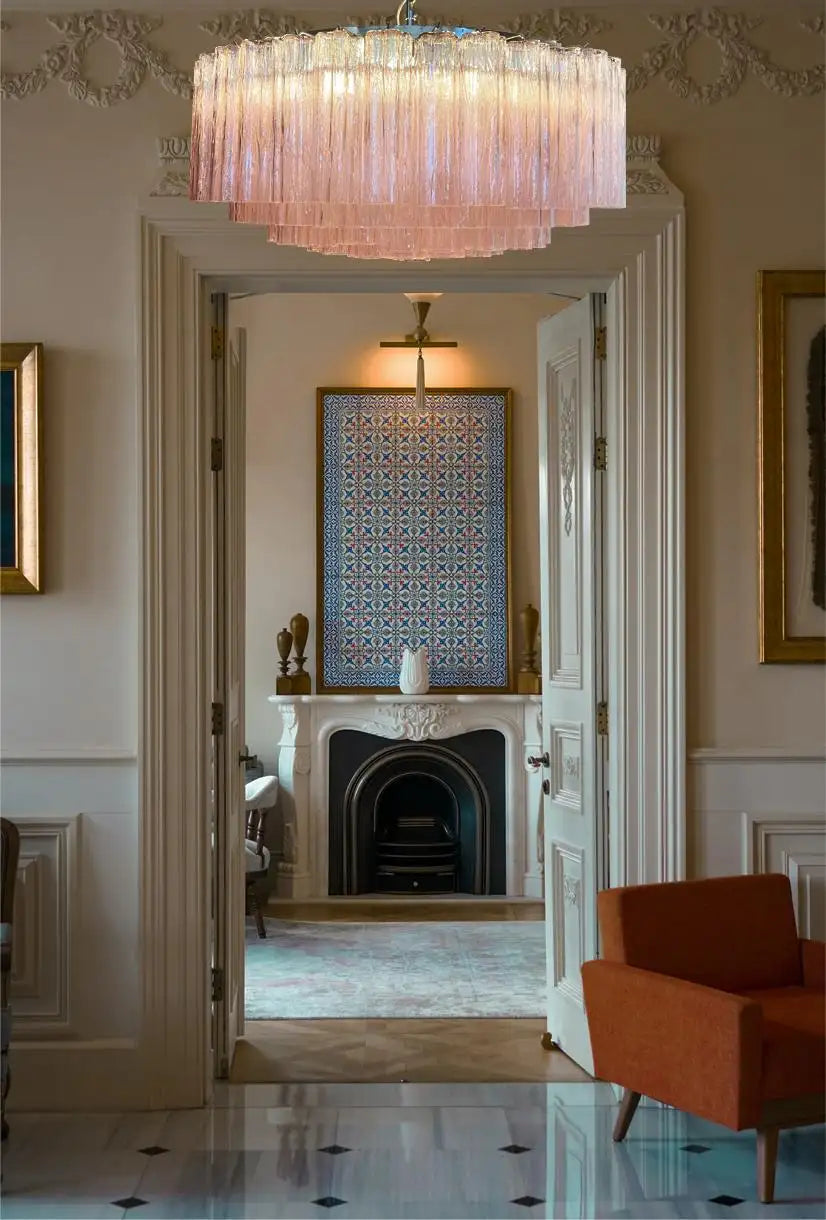 Pair Magnificent Murano Glass Chandeliers, 101 Pink Tube Glasses