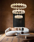 Antique Brass Ring Frame Round Halo Alabaster Modern Lighting Chandelier Wide 31"