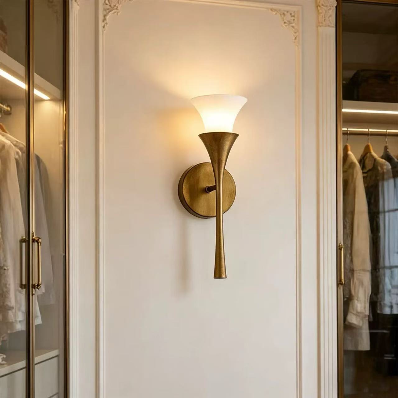 Antique Brass Double Cone Glass Wall Sconce