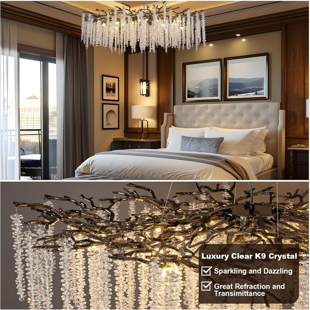 Modern Crystal Chandelier for Dining Room, Black Luxury Round Tree Branches Design by Bling Lighting Studio