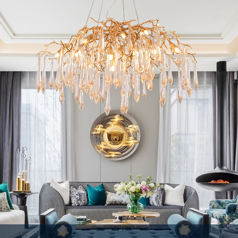 Iris Raindrop Brass Branch Round Crystal Chandelier 25'' 35'' 41''D by Bling Lighting Studio