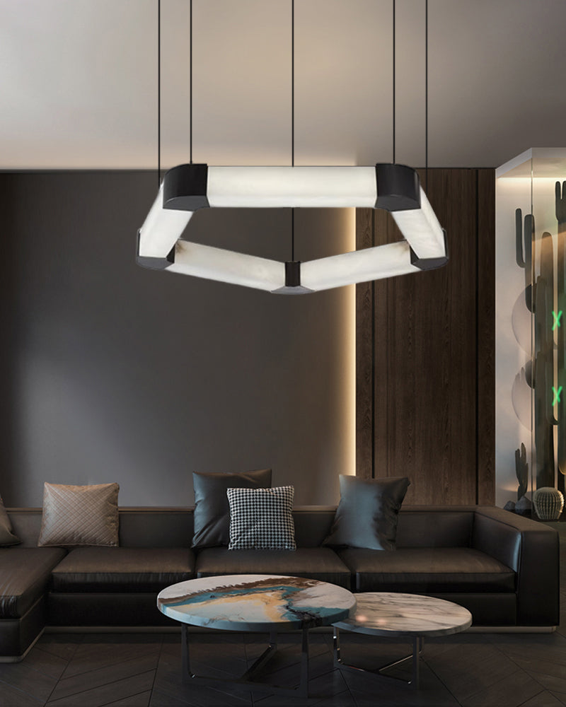 Ring lamps on string suspension in the form of pentagons made of Spanish marble and metal corners