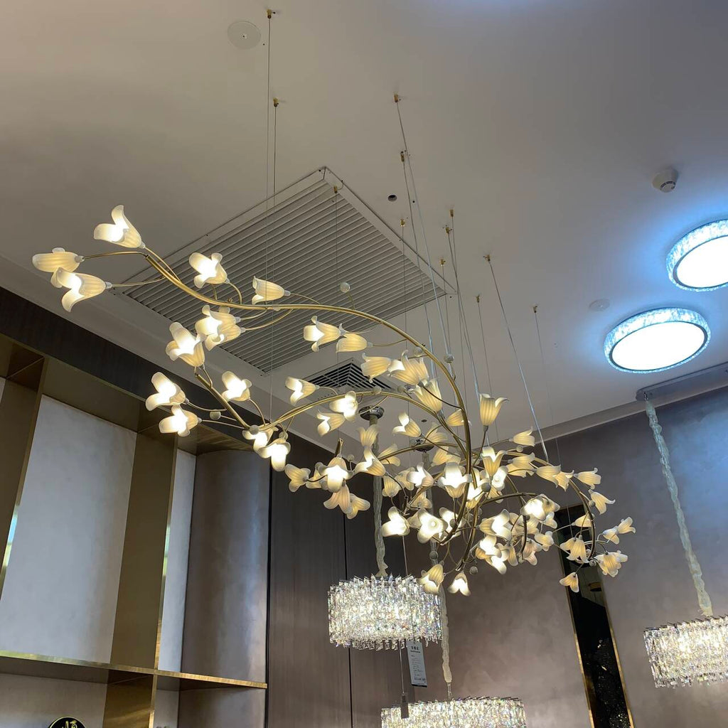 Modern Brass Branch Ceramics Flower Chandelier for Stylish Living Room Hotel and Restaurant by Bling Lighting Studio
