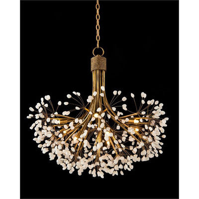 Stone Quartz Nine-Light Chandelier, Gold Leaf Finish with Natural Crystals, G9 Bulbs by Bling Lighting Studio