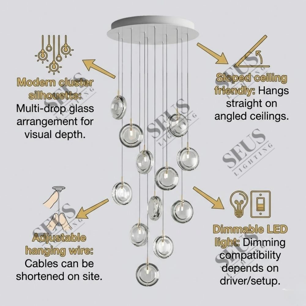 Arcli Contemporary Glass Cluster Chandelier for high ceiling staircase and foyer lighting