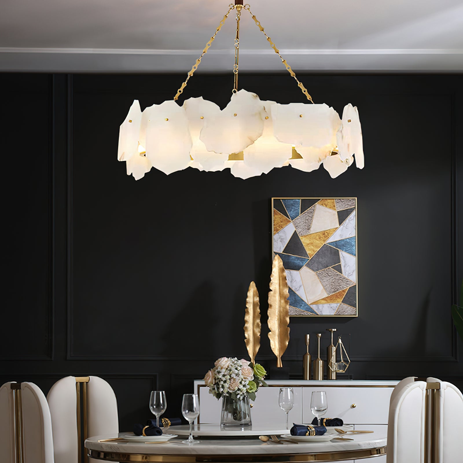 Burton Marble Round Chandelier with brass frame and marble shades by Bling Lighting Studio - view 9