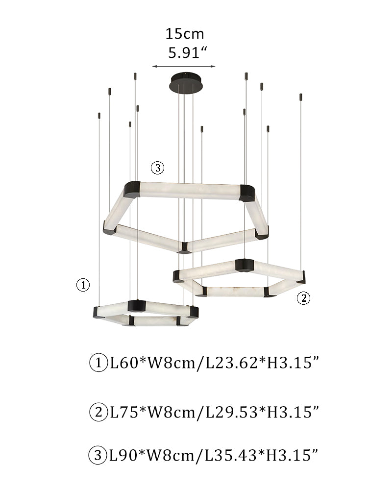 Ring lamps on string suspension in the form of pentagons made of Spanish marble and metal corners