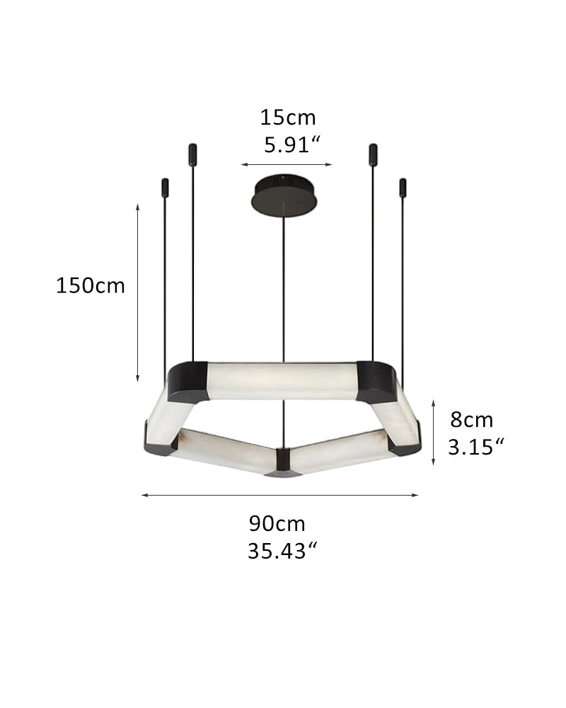 Ring lamps on string suspension in the form of pentagons made of Spanish marble and metal corners
