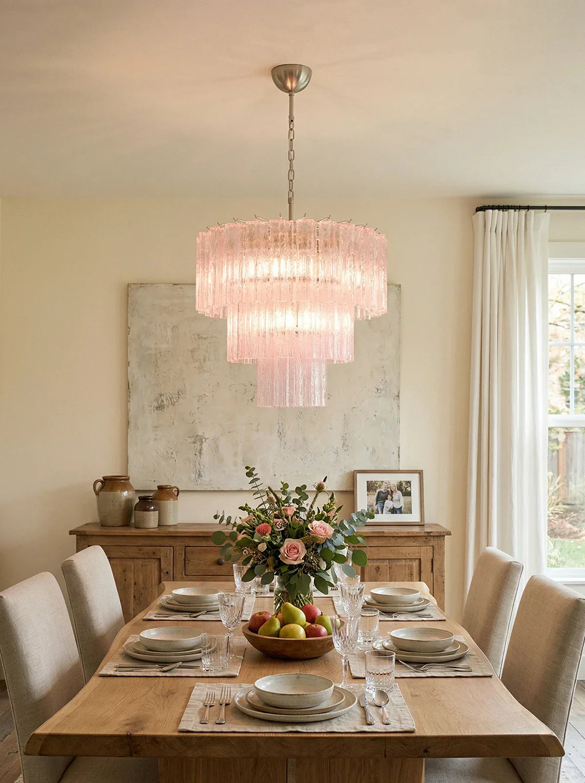 Murano Pink Glass Tube Chandelier detail view