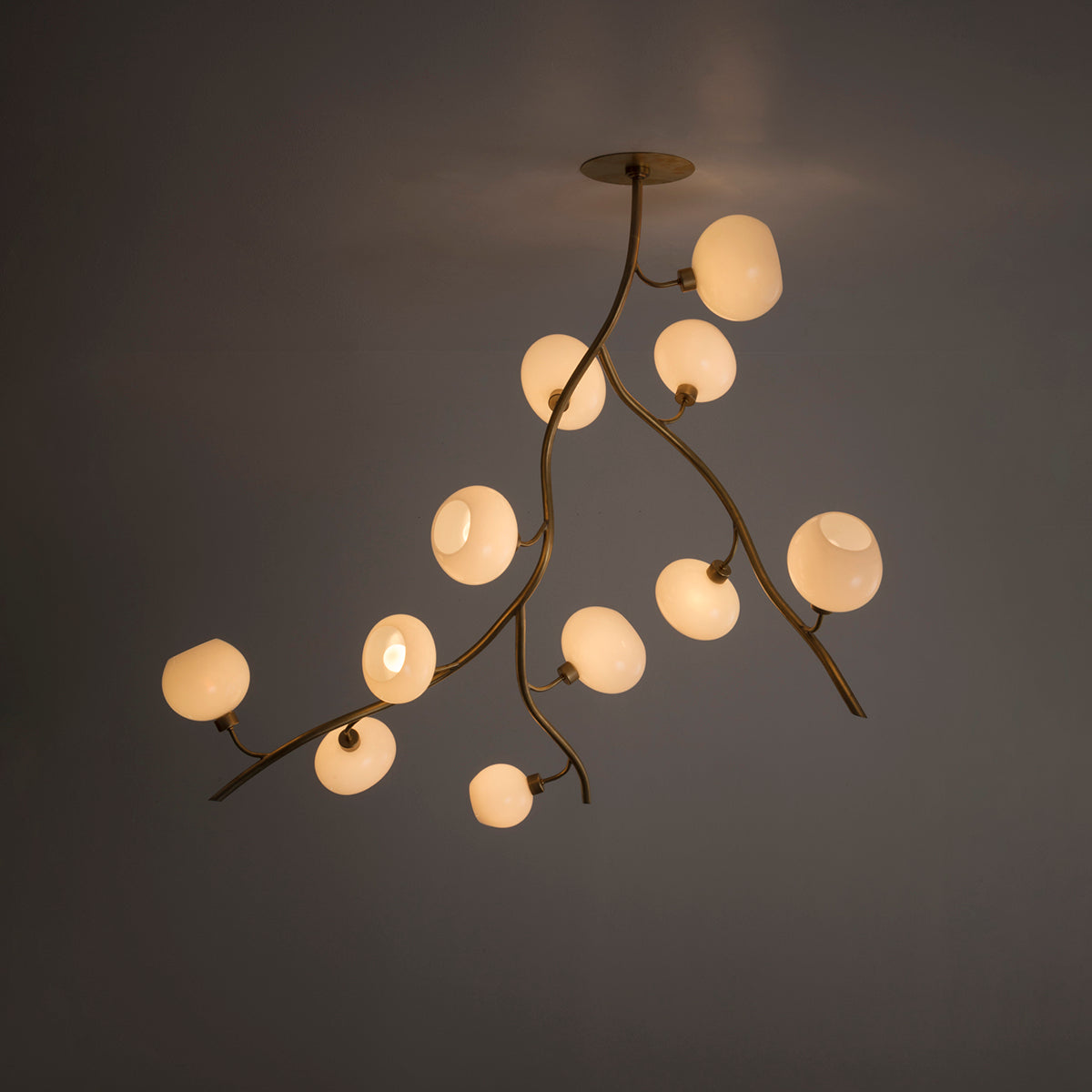 Modern Brass Branch Chandelier with Glass Globes detail view
