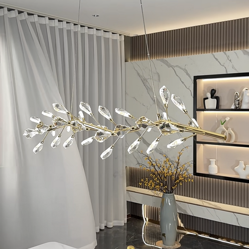 Sleek Modern Branch Crystal Leaves Linear Chandelier for Kitchen Island and Dining Room by Bling Lighting Studio