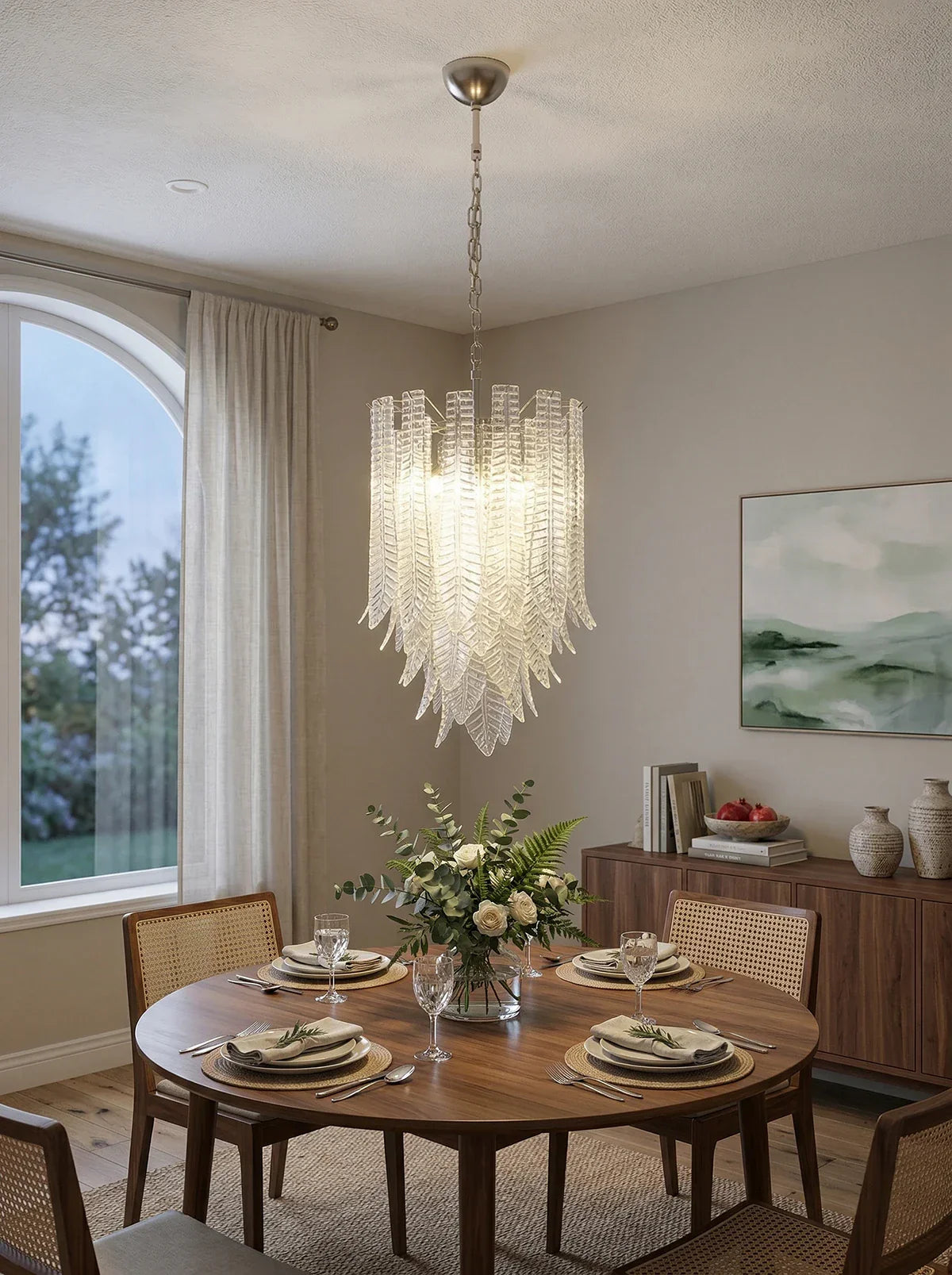 Leaf-Textured Layered Glass Chandelier material and finish detail