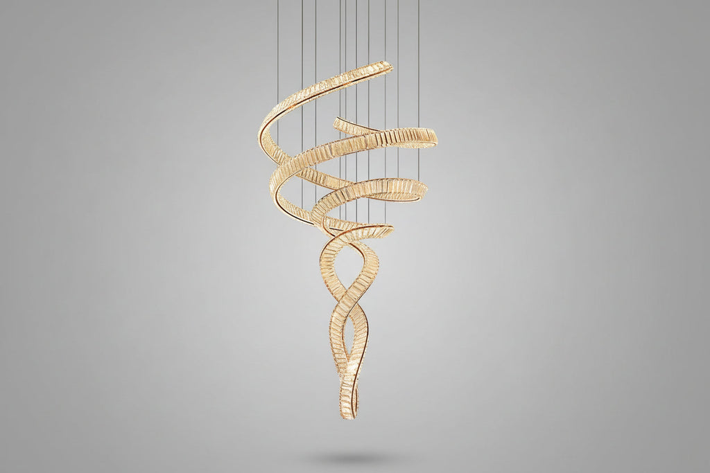 Tall Twisting Glass Staircase Chandelier by Bling Lighting Studio