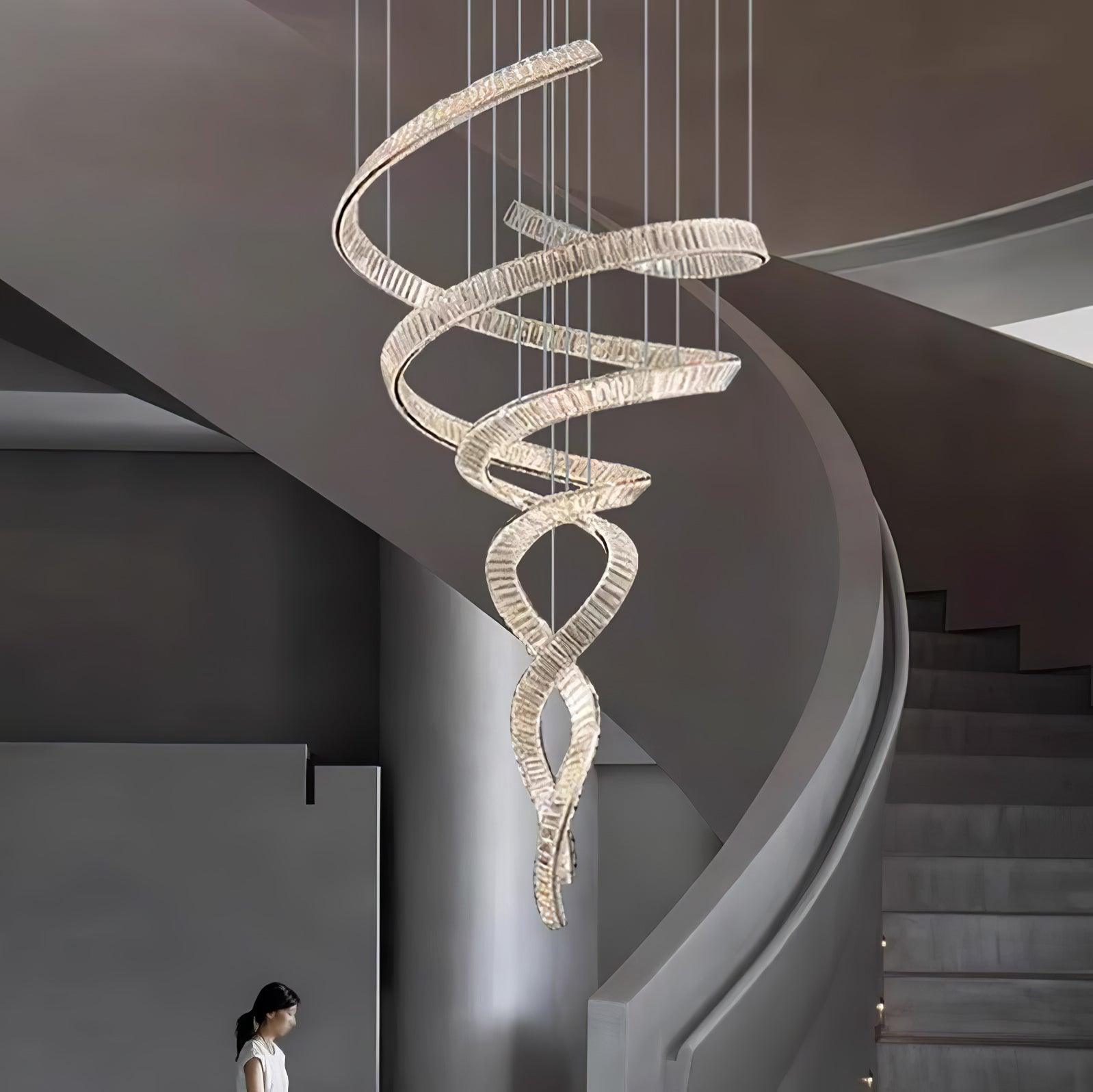 Tall Twisting Glass Staircase Chandelier detail view