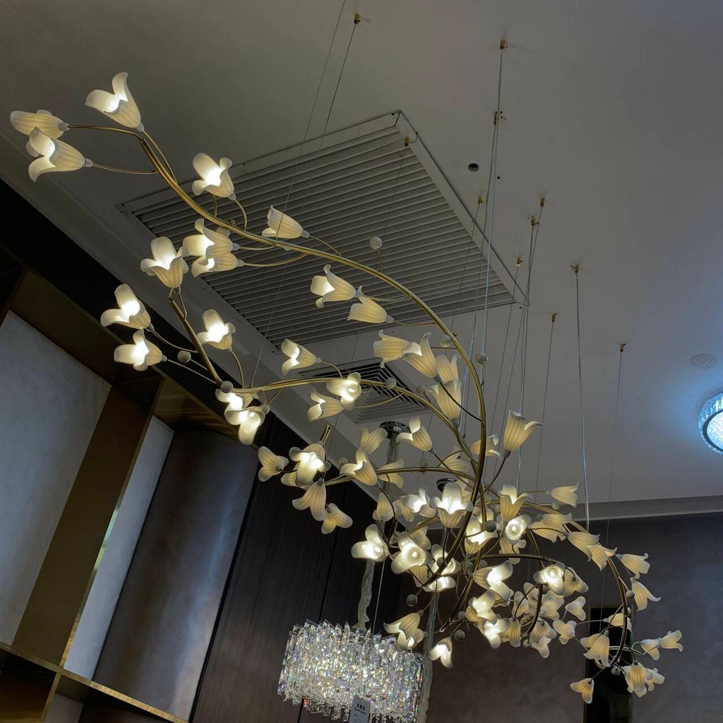 Modern Brass Branch Ceramics Flower Chandelier for Stylish Living Room Hotel and Restaurant by Bling Lighting Studio
