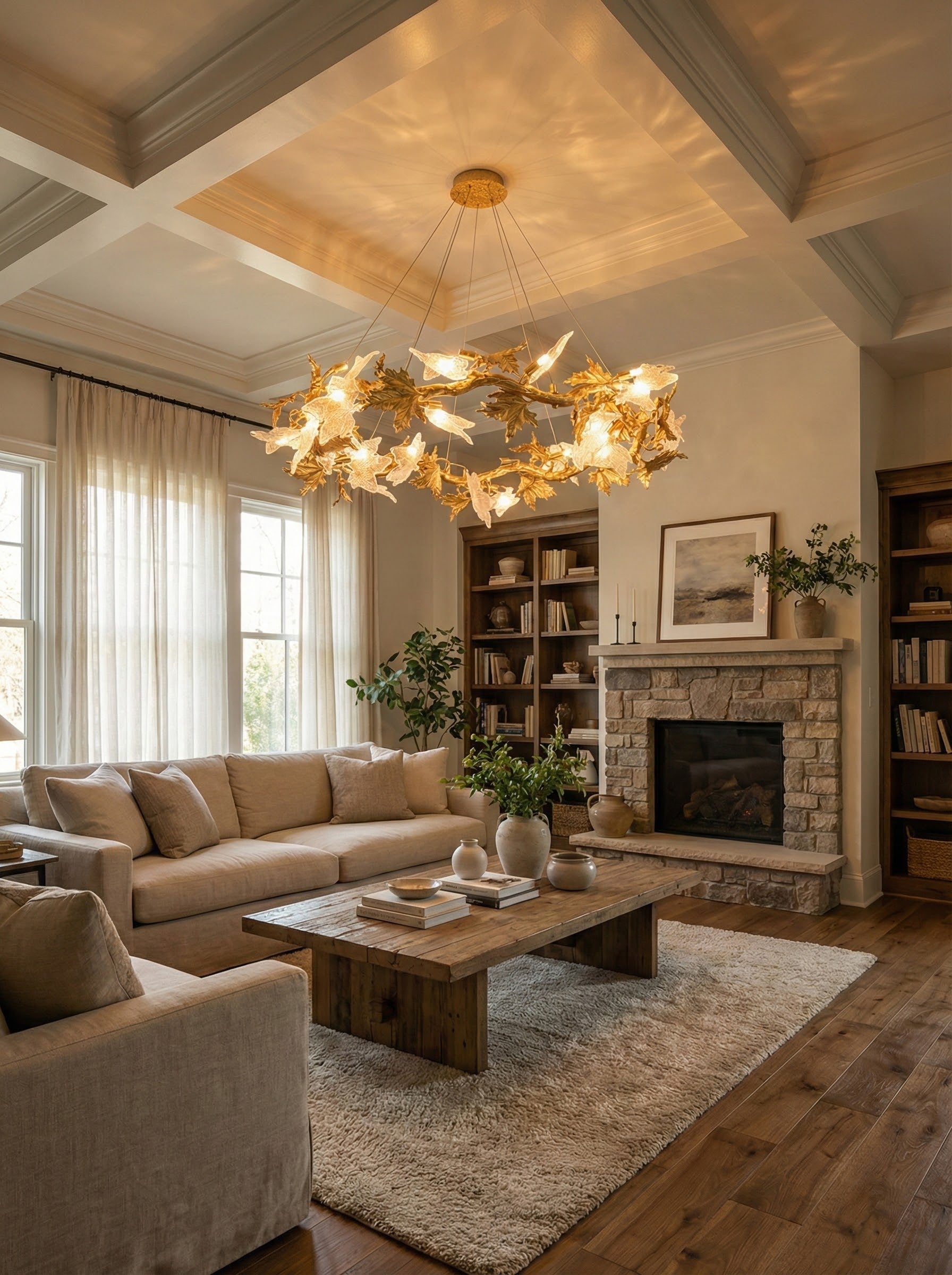 Maple Leaf Brass Branch Chandelier detail view
