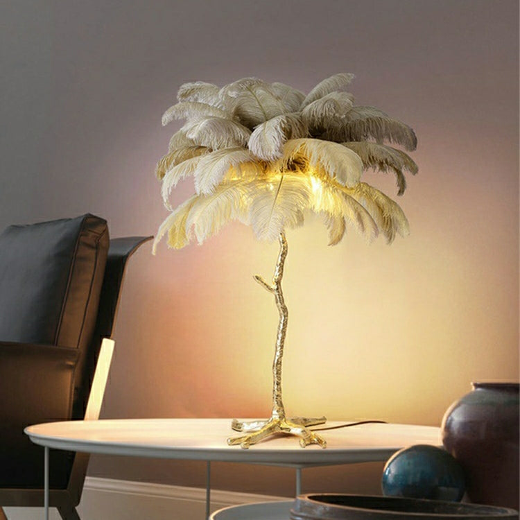 Modern Designer Brass Ostrich Feather Table Lamp Decorative Pure Copper Bedside Light For Women's Bedroom by Bling Lighting Studio