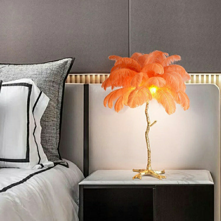 Modern Designer Brass Ostrich Feather Table Lamp Decorative Pure Copper Bedside Light For Women's Bedroom by Bling Lighting Studio