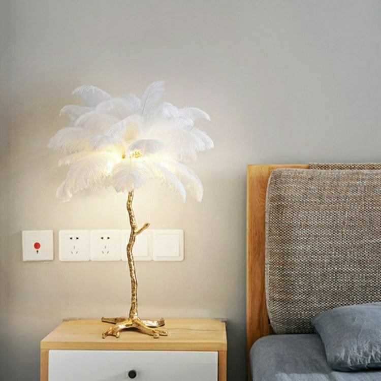 Modern Designer Brass Ostrich Feather Table Lamp Decorative Pure Copper Bedside Light For Women's Bedroom by Bling Lighting Studio