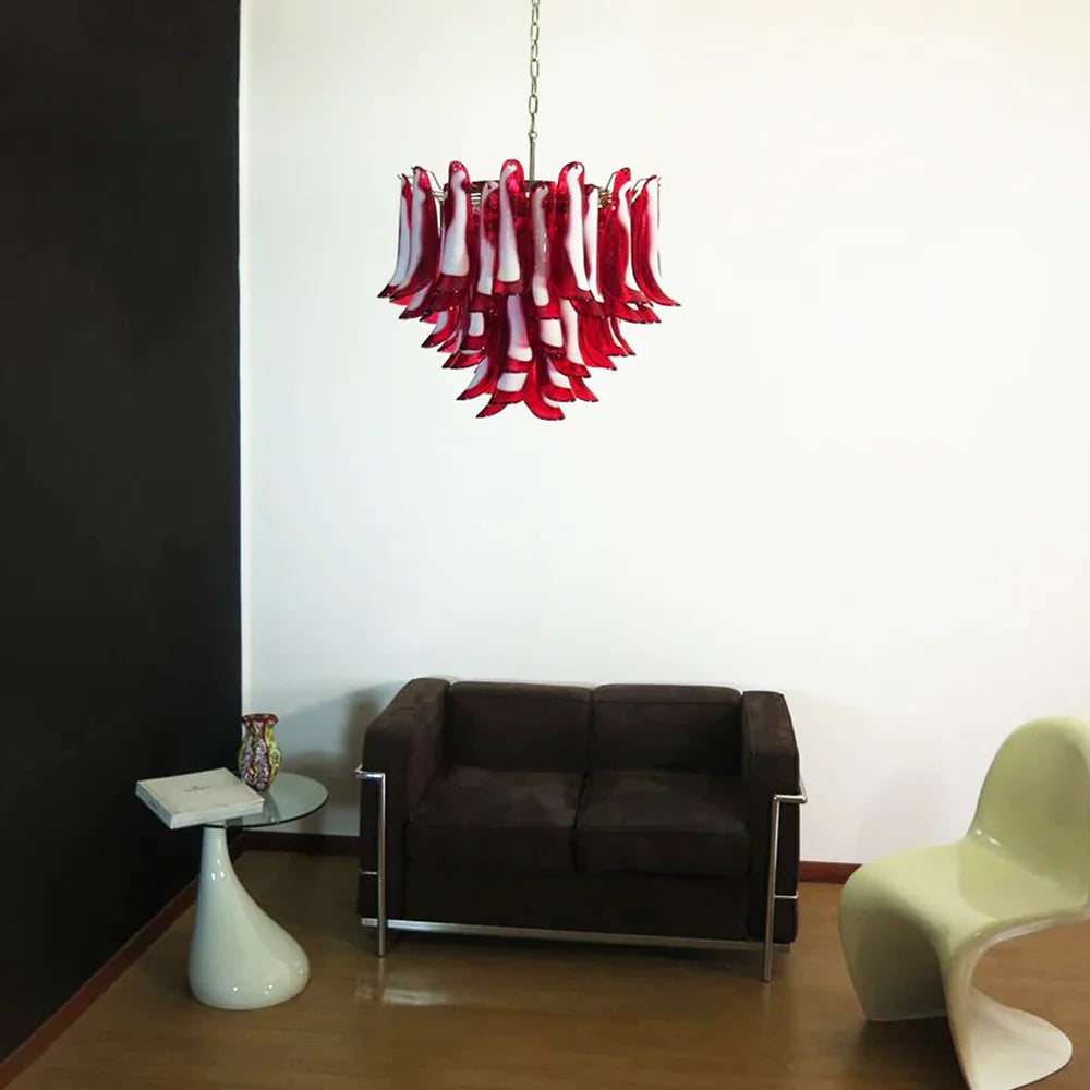 Vintage Red Glass Murano Petals Chandelier detail view